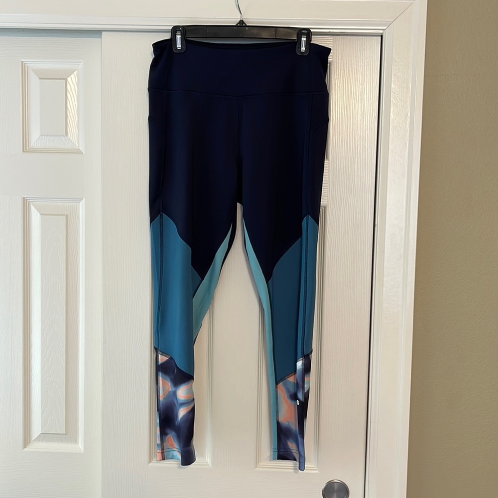 Adidas leggings navy w/tie dye pattern at the bottom